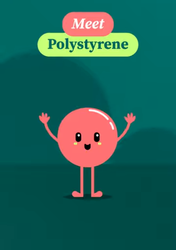 Meet Polystyrone with small round animated character 